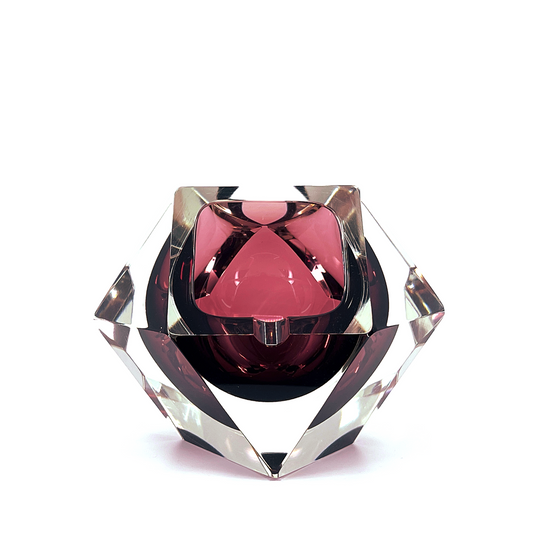 Large Multi-Faceted “Sommerso’ Amethyst Murano Glass Ashtray, Flavio Poli Style