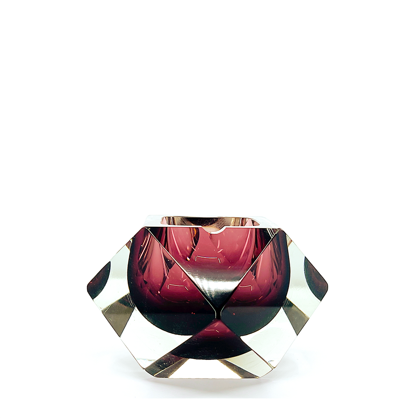 Large Multi-Faceted “Sommerso’ Amethyst Murano Glass Ashtray, Flavio Poli Style